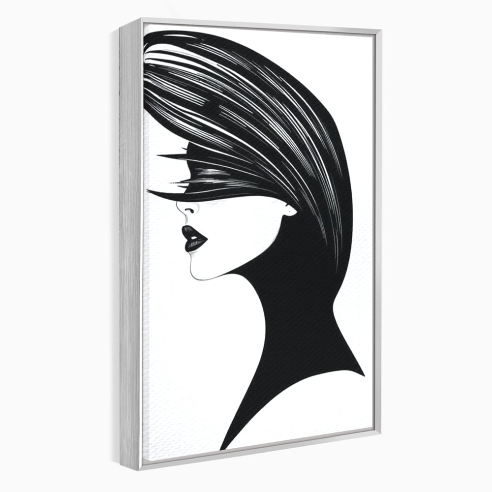 Tablou canvas cu ilustratie cu profil de femeie in alb si negru, in rama de aluminiu argintiu